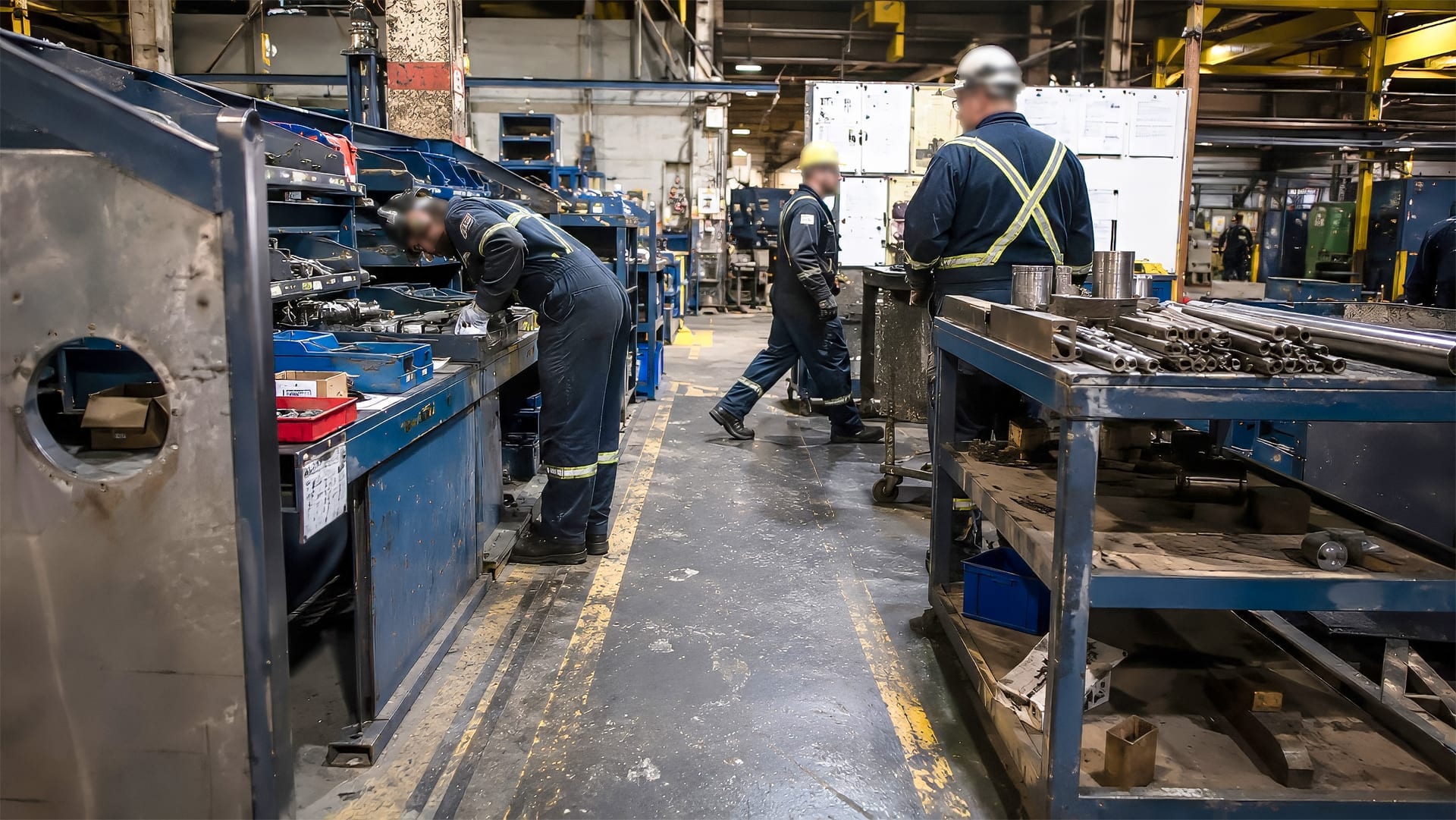 Atelier industriel avec mobilier fixe encombré, frein à l'amélioration continue